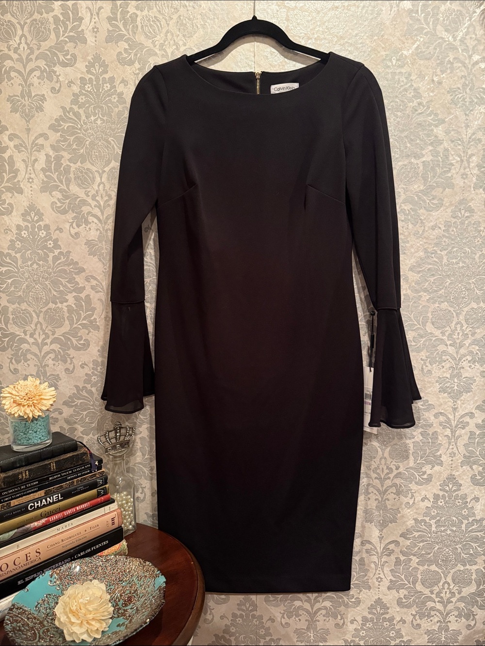 Calvin Klein Black Long-Sleeve Sheath Dress with Fluted Cuffs